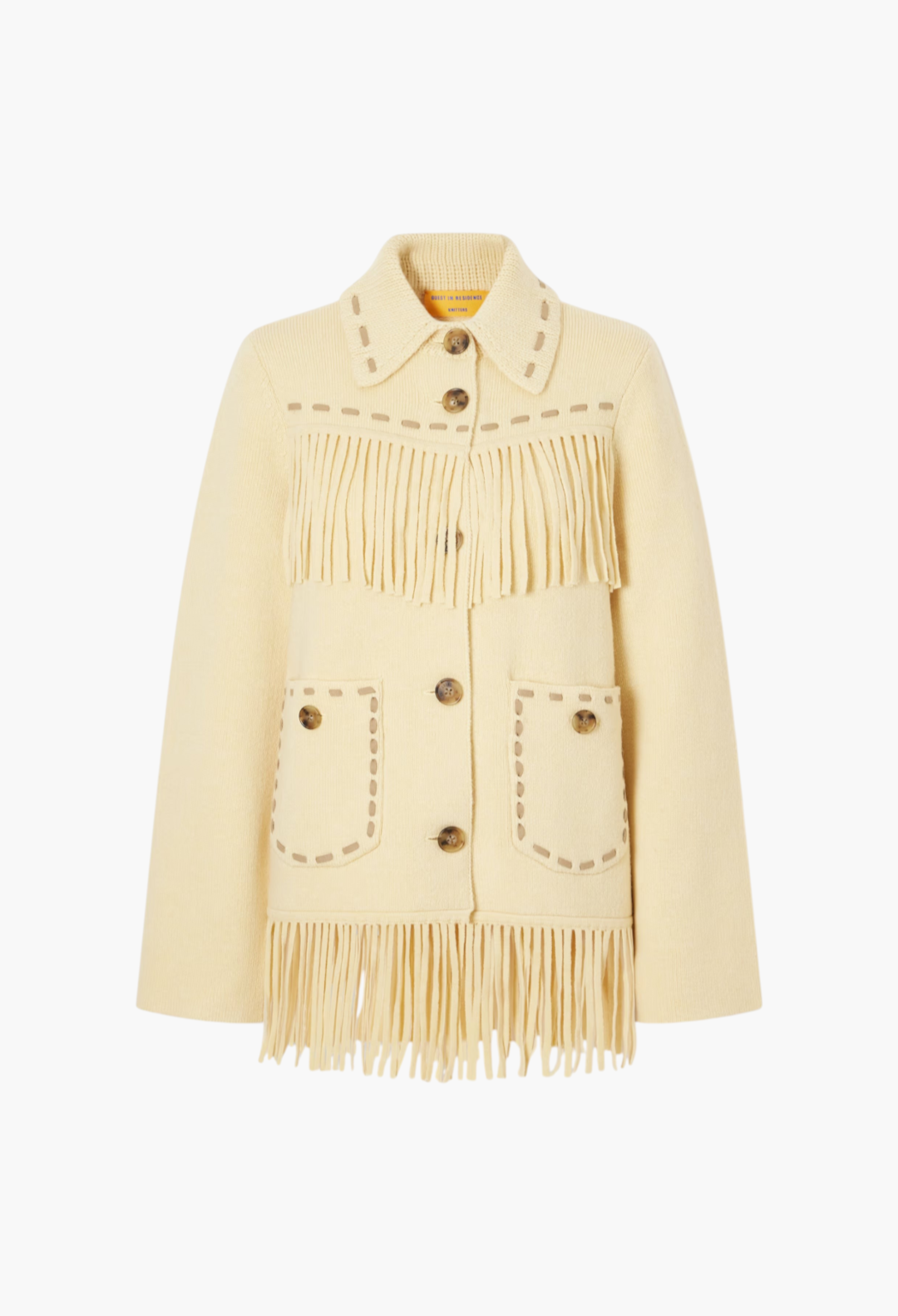 GLAM MODA yellow wool-blend Western jacket featuring long fringe, button-down closure, and decorative stitched trims.