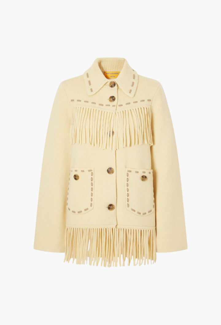 GLAM MODA yellow wool-blend Western jacket featuring long fringe, button-down closure, and decorative stitched trims.